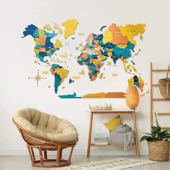 Colored 3D wooden world map
