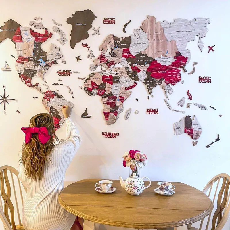 Custom wooden world map on a wall