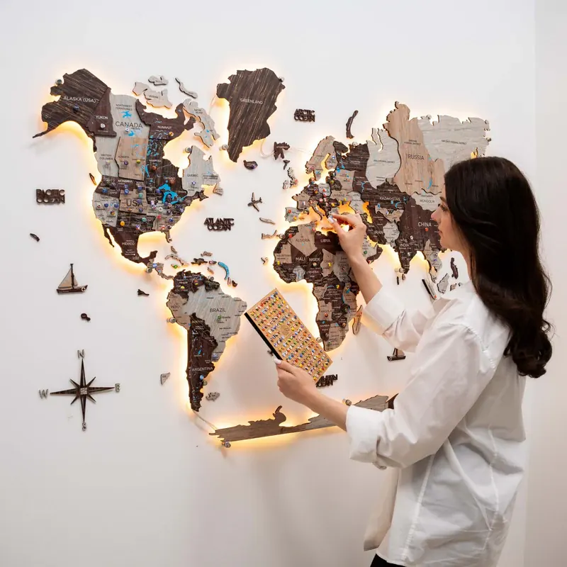 Illuminated LED wooden world map